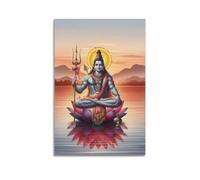 Poster Unframe Canvas Wall Art Prints for Kitchen Decor - Hinduism Poster Tranquil Shiva Seated on A Lotus in A Lake, with A Radiant Halo And Mountainous Horizon at Sunset 24x36inch(60x90cm) Picture