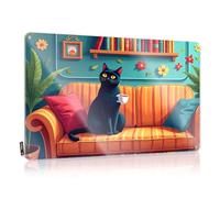 Poster Waterproof Waterproof Artwork, Small Retro Print For Cafe Pub Gym | Music Decor Pre-drilled Custom A Black Cat Holding A Cup Of Tea Sits On An Orange Striped Couch In A(20X30CM)