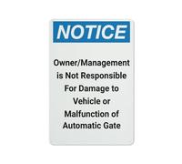 Posteration Notice Owner Management Not Responsible Vehicle Damange Gate Malfunction Exquisite And Beautiful Iron Poster Painting Art Iron Signs For Shop Garage Orchard 20X30Cm