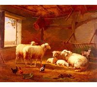 POSTERIIk Famous Animal Posters Vintage Picture Sheep with Chickens and a Goat in a Barn by Eugene Verboeckhoven Modern Wall Decor for Home Decor 60x90cm