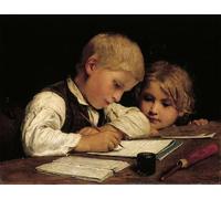 POSTERIIk Famous Modern Artwork Art Mural a Boy Writing with Little Sister by Albert Anker Oil Paintings Pictures for Home Decor 60x90cm