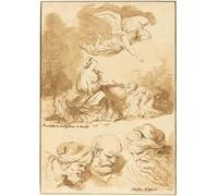 POSTERIIk Vintage Classic Picture Landscape Artwork Hagar Consoled by an Angel and Three Heads of Old Men Portrait Canvas Painting for Office Home Decor 60x90cm