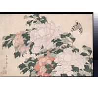 POSTERIIk Vintage Classic Picture Landscape Artwork Pink and Red Peonies Blown to the Left in a Breeze and a Butterfly by Katsushika Hokusai Portrait Canvas Painting for Office Home Decor 60x90cm