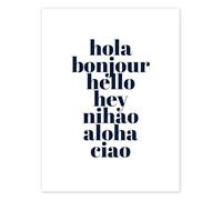 Posterlounge Hola Bonjour Hello Poster by Typobox 30 x 40 cm Black and white Wall art Wall decor