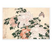 Posterlounge Peonies and a Butterfly Poster by Katsushika Hokusai 21 x 14 cm Beige Wall art Wall decor