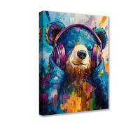 Posters Prints Bear Wear Headphones 1P Animal Graffiti Canvas Wall Art Neon Modern Pictures Artwork for Living Room Bathroom Home Decor Framed Gallery-Wrapped Ready to Hang