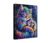 Posters Prints Cat Protecting Her Baby 1P Animal Graffiti Canvas Wall Art Neon Modern Pictures Artwork for Living Room Bathroom Home Decor Framed Gallery-Wrapped Ready to Hang