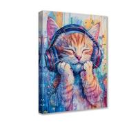 Posters Prints Cat Wear Headphones 1P Animal Graffiti Canvas Wall Art Neon Modern Pictures Artwork for Living Room Bathroom Home Decor Framed Gallery-Wrapped Ready to Hang
