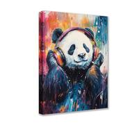Posters Prints Panda Wear Headphones 1P Animal Graffiti Canvas Wall Art Neon Modern Pictures Artwork for Living Room Bathroom Home Decor Framed Gallery-Wrapped Ready to Hang