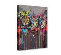 Posters Prints Three Cats 1P Animal Graffiti Canvas Wall Art Neon Modern Pictures Artwork for Living Room Bathroom Home Decor Framed Gallery-Wrapped Ready to Hang