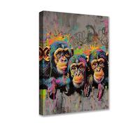 Posters Prints Three Monkey 1P Animal Graffiti Canvas Wall Art Neon Modern Pictures Artwork for Living Room Bathroom Home Decor Framed Gallery-Wrapped Ready to Hang