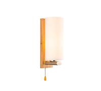 Postmodern Bedroom Glass Wall Light, Wooden Chassis with Pull Switch, Iron Art Lamps Arm, Cylindl White Frosted Lampshade, Simple Living Room Sconces Lights