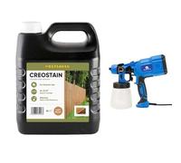 Postsaver Creostain Creocote & Electric Hand Sprayer | Oil Based Wood Treatment | Creosote Substitute | for Fences & Sheds | 4 Litre + Sprayer (Light Brown)