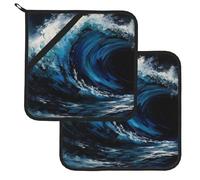 Pot Holder Set of 2 Kitchen Heat Resistant Potholder with Hanging Loop Blue Wave Painting Pot Holders Sets Washable Hot Pads Non Slip Potholders for Cooking Baking BBQ 8 x 8 Inch