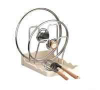 Pot Lid Organizer With Drip Tray And Spoon Rest Compact Storage Rack For Lids Utensils And Cutting Boards Tiered Plastic Stand Easy for ACCESS Design For Kitchen Countertop Grey Beige 20x14cm(2)