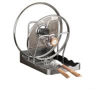 Pot Lid Organizer With Drip Tray And Spoon Rest Compact Storage Rack For Lids Utensils And Cutting Boards Tiered Plastic Stand Easy for ACCESS Design For Kitchen Countertop Grey Beige 20x14cm(4)