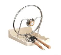 Pot Lid Organizer With Drip Tray And Spoon Rest Compact Storage Rack For Lids Utensils And Cutting Boards Tiered Plastic Stand Easy for ACCESS Design For Kitchen Countertop Grey Beige 20x14cm(1)