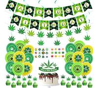 Pot Weed Birthday Party Decorations, Birthday Banner, 6 Leaf Hanging Swirl, 12 Pot Leaf Cake Toppers, 24 Stickers, 30 Garland Balloons, Pot Leaves HAPPY BIRTHDAY Party Supplies