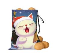 Potato Onion Storage Bag Light-Blocking Drawstring Kitchen Organizer Bag | Breathable Oxford Produce Keeper With Side Zipper, Cute Cat Sing Christmas Carols Food Storage Bag For Garlic, Vegetables