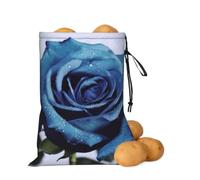 Potato Onion Storage Bag Light-Blocking Drawstring Kitchen Organizer Bag | Breathable Oxford Produce Keeper With Side Zipper, Blue Rose Blooms Food Storage Bag For Garlic, Vegetables