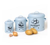 Relaxdays Potato Storage Box, Onions, Garlic, Set of 3, with Lid & Holes, Metal, Onion Pot, Light Blue