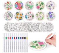 Potchen 10 Pcs Ceramic Coasters for Drinks Color Your Own Coaster Set DIY Absorbent Cup Mat with 12 Markers and Cork Base Gift Arts and Crafts for Coffee Table Apartment Bar Home Decoration(Flower)
