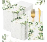 Potchen 100 Count Eucalyptus Flower Disposable Napkins Built-in Flatware Pocket Linen Style Eucalyptus Floral Napkins Disposable for Wedding Prefolded for Silverware Baby Shower Birthday