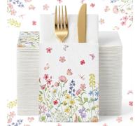 Potchen 100 Count Flower Disposable Napkins Built-in Flatware Pocket Linen Style Floral Napkins Disposable for Wedding Prefolded for Silverware Baby Shower Birthday