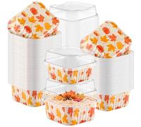 Potchen 100 Pack 5 oz Fall Mini Cake Pans with Lids, Pumpkin Maple Leaf | Square Aluminum Foil Baking Cups, Disposable Ramekins Muffin Tin Cupcake Liners for Cheesecake, Autumn Thanksgiving Party