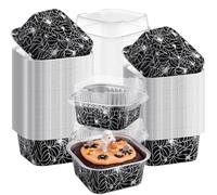 Potchen 100 Pack 5 oz Halloween Mini Cake Pans with Lids, Spider Foil Cups | Spider Web Square Aluminum, Disposable Ramekins Muffin Tin, Cupcake Baking Dessert Snack, Spooky Party Supplies