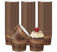 Potchen 100 Pcs Wood Grain Cupcake Liners Brown Wood Cupcake Wrapper Rustic Tree Bark Woodland Baking Cups Cake Wrappers Outdoor Camp Baby Shower Birthday Decorations Supplies
