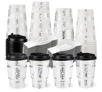 Potchen 100 Sets 12 oz Christmas Disposable Paper Sliver Foil Winter Snowflake Coffee Cups with Lids and Sleeves Bulk for Hot Cold Tea Drinking Winter Birthday Wedding Holiday Party Favors