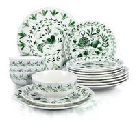 Potchen 12 Pcs Christmas Dinnerware Set, Vintage Green Floral Ceramic Dinnerware Set for 4 Include 4x11" Dinner Plates, 4x9" Salad Plates and 4x6.25" Soup Bowls Holiday Tableware for Xmas Dining Gift