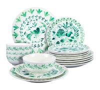 Potchen 12 Pcs Christmas Dinnerware Set, Vintage Green Floral Ceramic Dinnerware Set for 4 Include 4x11" Dinner Plates, 4x9" Salad Plates and 4x6.25" Soup Bowls Holiday Tableware for Xmas Dining Gift