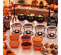 Potchen 15 Pcs Halloween Party Decorations DIY Caramel Apple Dipping Bar Set, 3 Witches Cauldron on Rack, 4 Fondue Pot, 6 Ceramic Pumpkin Plates, 50 Bamboo Cocktail Picks Witchy Table Decorations