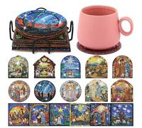 Potchen 16 Pcs Christianity Christmas Art Diamond Coasters Kits Jesus Holy Night Nativity Scene DIY Craft with Holder Drill Glue Pen Tray for Beginners Church Home Wall Decor Sunday School Gift