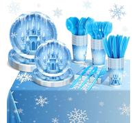 Potchen 176 Pcs Winter Snowflake Plastic Plates and Napkins Set, Blue Snowflake Castle Wonderland Disposable Tableware for Christmas Winter Holiday New Year Birthday Party Supplies, Serve 25