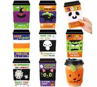 Potchen 18 Pcs Halloween Crochet Coffee Cozy Horror Cup Sleeves with Coffee Cup Greeting Gift Cards Trick or Treat Staff Employee Appreciation Gifts for School Office Team Spooky Favors Supplies