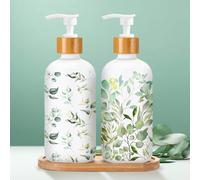 Potchen 2 Pack Eucalyptus Glass Soap Dispenser Set Sage Green Bathroom Decor 16 oz Plant Leaves with Floral Greenery Soap Hand Dish with Pump Wood Tray Eucalyptus Home Decoration for Housewarming