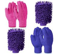 Potchen 2 Pairs Microfiber Dusting Mitt Gloves with 1 Pair Microfiber Dusting Mitt Washable Dusting Gloves for Cleaning (Purple, Rose Red)