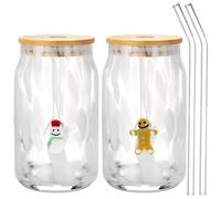 Potchen 2 Pcs Christmas Glass Cups 16.9 oz Gingerbread Man Snowman Glass Cups with Lids and Straws Drinking Glasses Set for Christmas Holiday Gifts Party Home Decor Lovely Gifts
