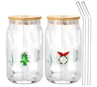 Potchen 2 Pcs Christmas Icon Glass Cups 16.9 oz Tree Wreath Glass Cups with Lids and Straws Drinking Glasses Set for Christmas Holiday Gifts Party Home Decor Lovely Gifts