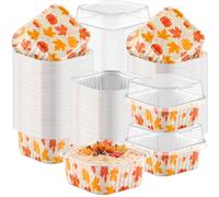 Potchen 200 Pack 5 oz Fall Mini Cake Pans with Lids, Pumpkin Maple Leaf Square Aluminum Foil Baking Cups, Disposable Ramekins Muffin Tin Cupcake Liners for Cheesecake, Autumn Thanksgiving Party
