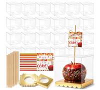 Potchen 25 Set Clear Candy Apple Boxes with Hole and Sticks, 4"x4"x4" Candy Apple Box with Base, Caramel Apples Gift Box Plastic Container for Fall Harvest Cake Cookies Chocolate Treat Dessert