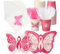 Potchen 250 Pcs Breast Cancer Awareness Party Supplies Butterfly Pink Ribbon Disposable Plates Napkins Cups and Forks Serve 50 Tableware Decorations for Breast Cancer Awareness Survivor Campaign Gifts