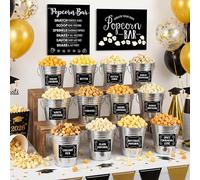 Potchen 32 Pcs Graduation Party Popcorn Bar Supplies Class of 2026 Candy Buffet Decoration 2 Paper Popcorn Bar Signs with 12 Metal Snack Buckets 18 Food Label for 2026 Grad Party (Graduation)