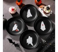 Potchen 4 Pack Halloween ceramic Plates Stoneware Appetizer Ghost Plates Reusable Spooky Round Dinner Dessert Tableware for Serving Table Decor & Gifts Halloween Lovers