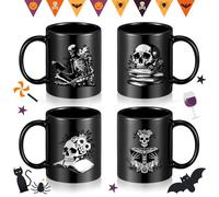 Potchen 4 Pack Halloween Coffee Mugs Skeleton Funny Coffee Mug Halloween Book Lovers Gifts Ceramic Goth Book Mugs Gothic Bookish Skull Cup Christmas Gifts for Men Women Reader Librarian