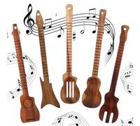 Potchen 5 Pcs Gifts for Guitar Players 12 Inches Guitar Shaped Utensils Set Natural Acacia Wooden Spatulas Spoon, Unique Musician Valentines Gifts for Music Lovers Kitchen Decoration