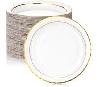 Potchen 50 Pcs Disposable Paper Plates with Gold Rim 10 Inch Strong Heavy Duty Dinner Dessert Plates for Birthday Wedding Halloween Thanksgiving Christmas Party